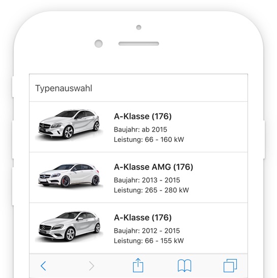 Bild aus der Reifenboerse.de App. Auswahl der möglichen Modelle im Felgenkonfigurator.