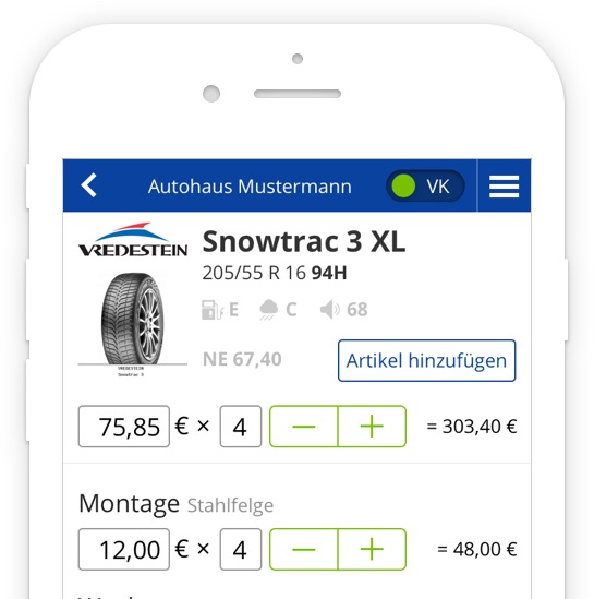 Bild aus der Reifenboerse.de App. Angebotserstellung mit Produktbild, Produktmerkmale und Kosten der ausgewählten Zusatzleistungen.
